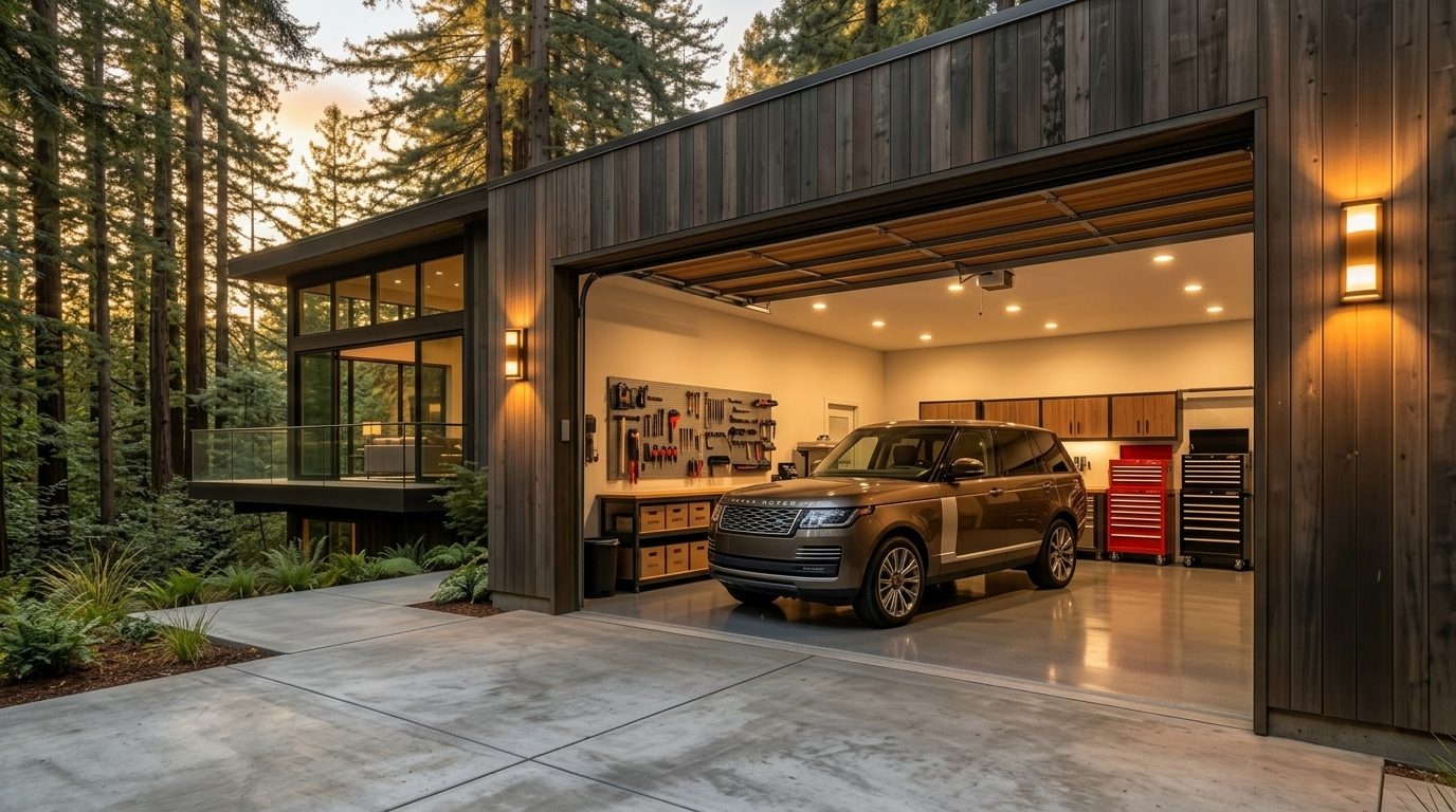 Davis Garage Door Services Interior View of Custom Garage Door Overhead and Workshop